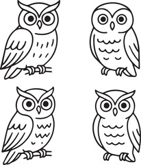 Obraz premium Owl vector outline set, hand drawn owl line art, minimal owls isolated design for tattoo, clipart, sketch, cartoon, artistic set, digital collection of aesthetic bird, wildlife nocturnal bird icon whi
