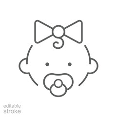 Baby girl with pacifiers line icon. Simple outline style. Infant face with pacifier and small curl. Ideal for childcare, newborn products. Editable stroke