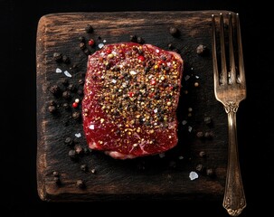 Raw seasoned steak on dark wood board, beside antique fork.  Scattered peppercorns and salt crystals surround