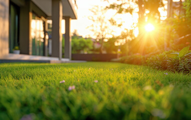 Soft evening light over fresh-cut lawn and luxury home. Suburban tranquility theme.