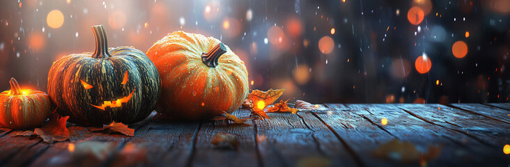 Carved Halloween Pumpkins Illuminated in a Moody Urban Night Scene with Rain and Autumn Leaves

