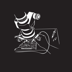 repairman work desk top vector sketch.  Engineer technician in workshop vector sketch. Repairman in gloves soldering electronic device board on table, hands top view vector sketch.