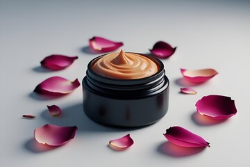 Open Lip Balm Jar with Rose Petals on white Background