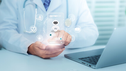 Healthcare Chatbot and Medical technology concept. A doctor using a smartphone with AI-powered...