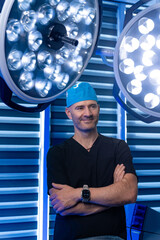 Skilled surgeon in modern operating room. A confident surgeon stands with arms crossed in a...