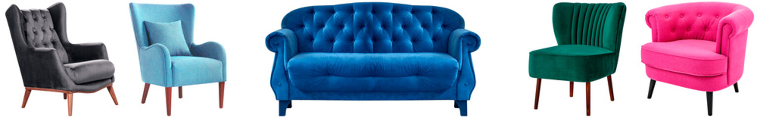 Collection of comfy modern sofas isolated on a white background. A bundle of stylish, comfortable...