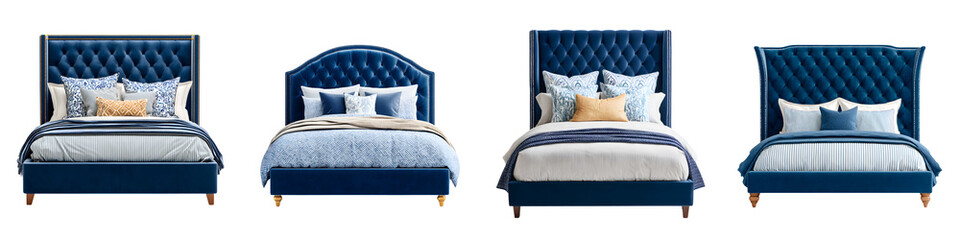 Obraz premium Luxurious, modern beds featuring deep blue velvet upholstery, elegant tufted designs, and cozy decorative pillows, perfect for stylish bedroom decor and creating a serene sleeping environment