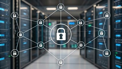 Cybersecurity data center security network protection server room with lock icons for data privacy