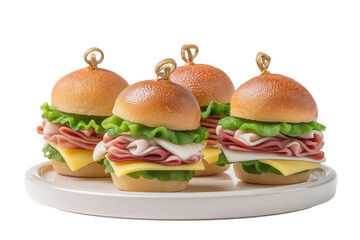 PNG Mini ham and cheese sliders with lettuce and peppers on white plate