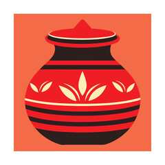Decorative red and black ceramic pot with floral motifs and lid against an orange background