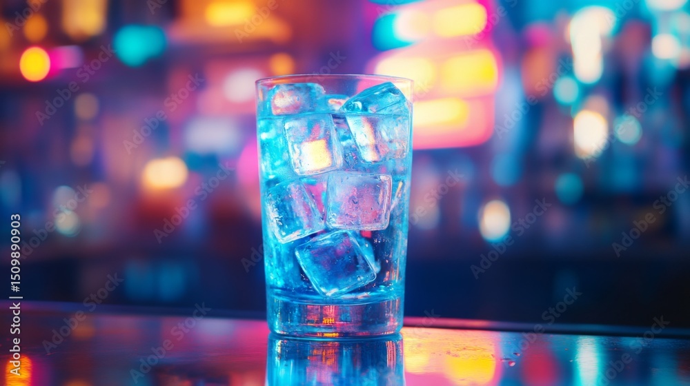 Aufkleber A frosty beer glass with ice, sitting on a bar counter with a blurred neon-lit background.