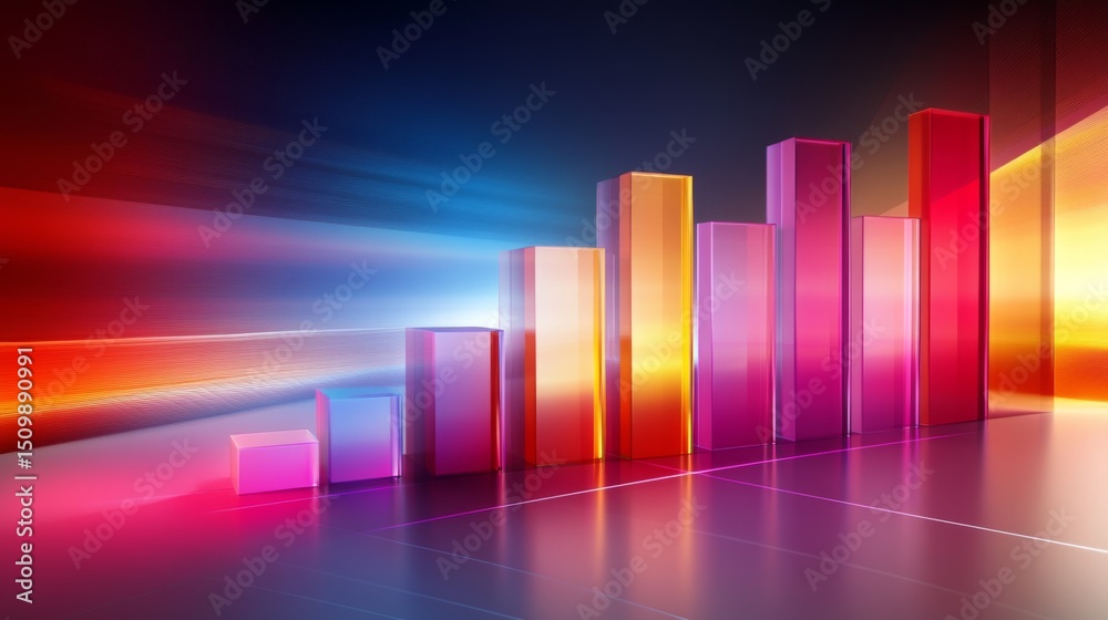 Poster a futuristic d bar graph with colorful, glowing bars rising on a digital screen, showcasing financia