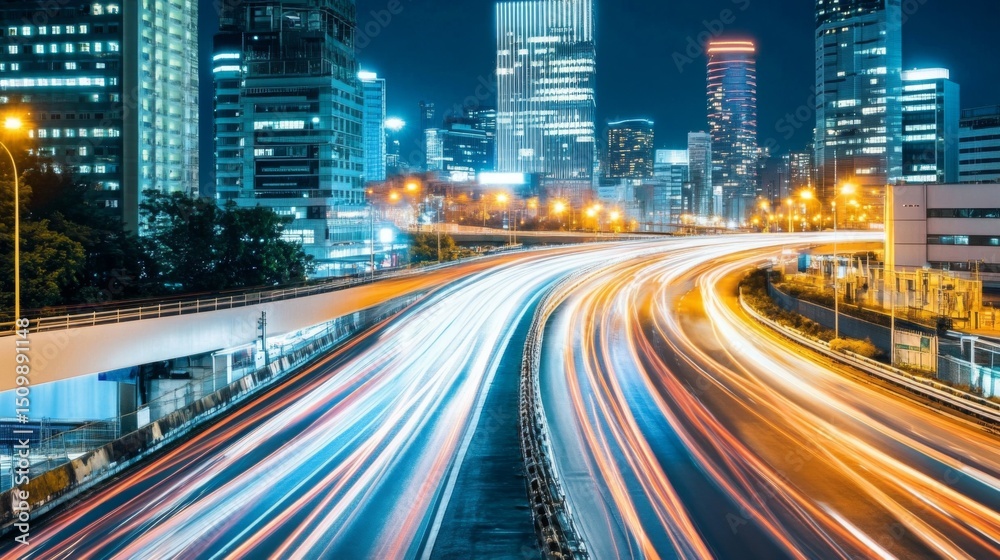 Poster a futuristic cityscape with streaking lights and glowing lines stretching across buildings, symboliz