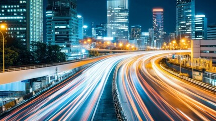 Obraz premium A futuristic cityscape with streaking lights and glowing lines stretching across buildings, symbolizing high-speed light travel within an advanced urban setting