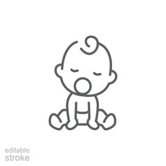 Baby sitting asleep line icon. Simple outline style. Cute toddler child. Baby with pacifier asleep in sitting position. Editable stroke