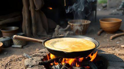 Ethiopian cooking pan for enjera working with smoke and flames outdoor poor house