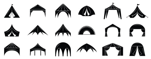 Event tent. Marquee from black canvas pavilion for party events vector silhouettes collection. Folding canopy, wedding roof pavilion, canvas marque illustration
