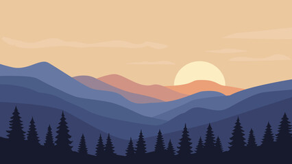 illustration of pink sunset with mountains and hills in flat design style