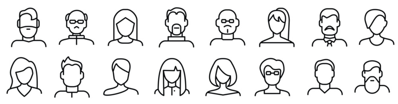 face various types signs black thin line icon set include avatar user portrait person head vector