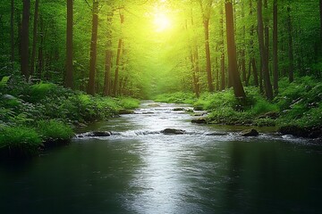 Obraz premium Sunlight streams through lush forest, tranquil river