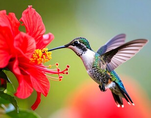 Fototapeta premium Hummingbird feeds on vibrant hibiscus