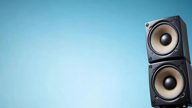 Stereo sound system with two speakers against blue gradient background copy space