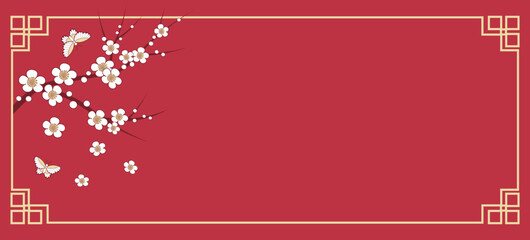 Traditional Chinese Frame with Plum blossom and Butterfly on red background. Happy Lunar New Year banner.