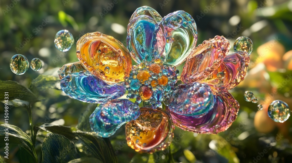 Poster a macro shot of a colorful flower with sparkling water droplets on its petals, set against a blurred