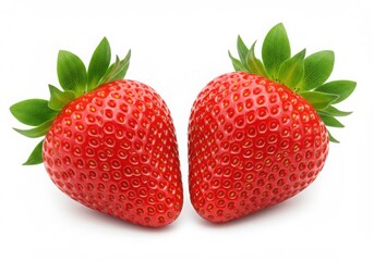 Two ripe strawberries with green leaves isolated on white background
