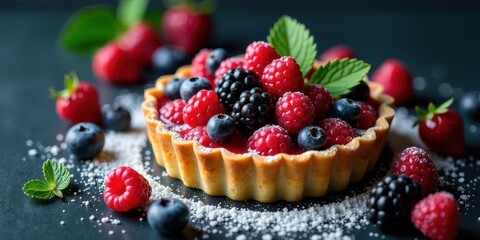 Delightful miniature tart brimming with assorted berries, adorned with powdered sugar and fresh mint leaves