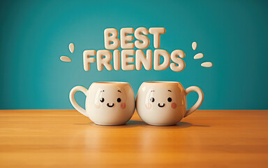 Two Coffee Cups on Wooden Table Concept of  Best Friend day Celebration