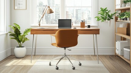 A minimalist home office with a slim desk, a stylish chair, and an open laptop, surrounded by clean white walls and soft, neutral tones