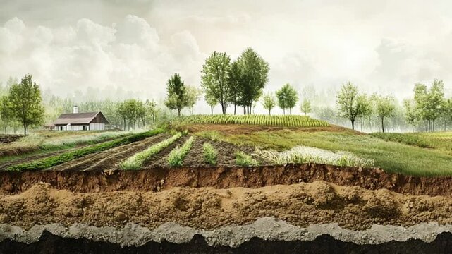 Examine Cross-Section of Farmland, revealing Soil Composition and Rural Agriculture