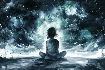 Obraz premium Contemplation at twilight under a starry sky with flowing watercolor patterns. Generative AI