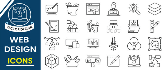 Web design icon set. Collection of web design icon, UI, UX, drawing, graphic design line icons. Vector illustration.