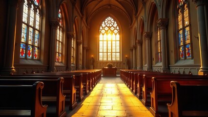 Fototapeta premium Serene Sanctuary Sunlight Illuminating Wooden Pews and Stained Glass Windows in a Tranquil House of Worship