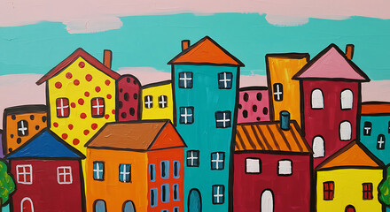 Colorful Cityscape Painting in Naive Folk Art Style