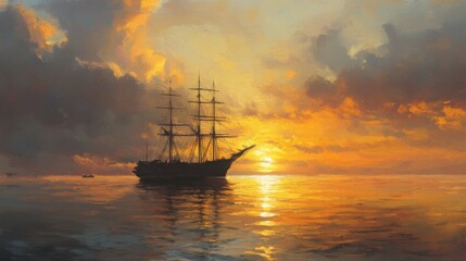 Fototapeta premium A peaceful morning view of a large ship sailing on calm waters under a golden sunrise.