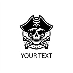 Black Pirate Skull Logo Isolated on White Background, Pirate Skull Silhouette Icon