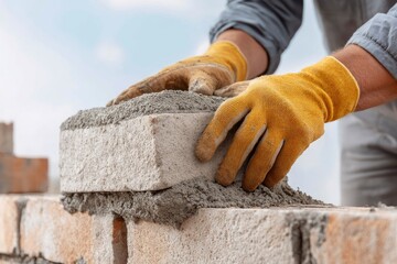 Mason's Hands Building a Stone Wall: A Detailed Close-Up