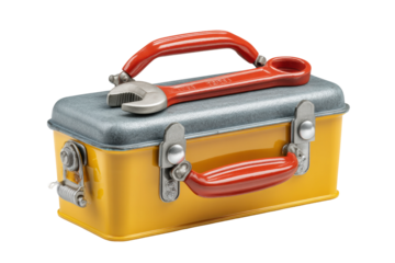 PNG Yellow metal toolbox with red handle and wrench on lid