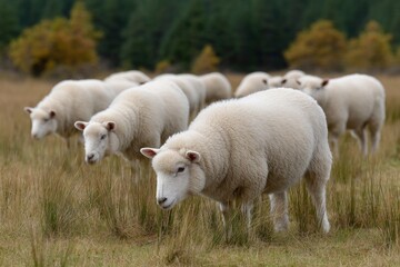 Serene Flock of White Sheep in Autumnal Pasture