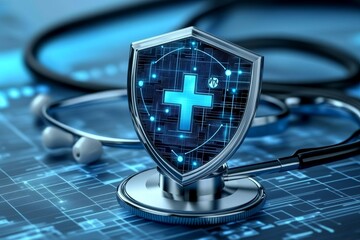 Healthcare Data Protection Digital Shield And Stethoscope Symbolizing Security In Modern Medicine