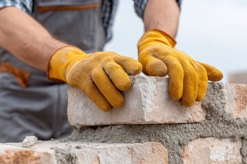 Mason's Hands Carefully Placing Stone: A Detailed Construction Close-Up