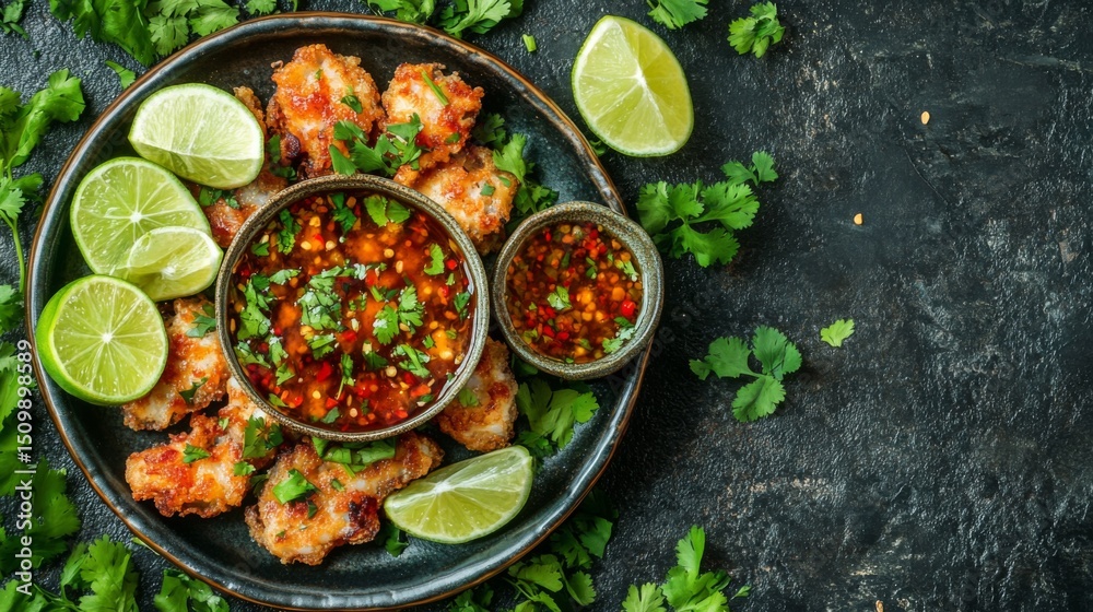 Poster a plate of deep-fried seabass topped with a rich fish sauce, garnished with lime wedges and fresh he