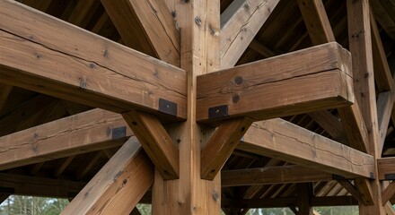 Intricate Timber Frame Structure Close-up View of Wooden Beams and Joints, showcasing craftsmanship and architectural detail