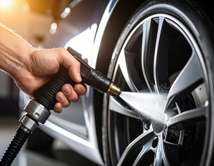 Obraz premium Close-up of a car wheel being washed with high-pressure water spray