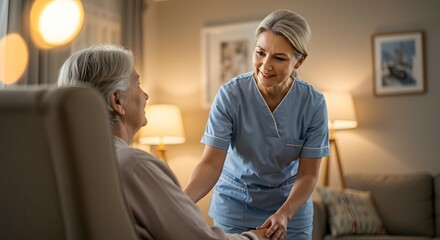 Naklejka premium Compassionate Caregiver Providing Gentle Support and Comfort to Elderly Woman at Home