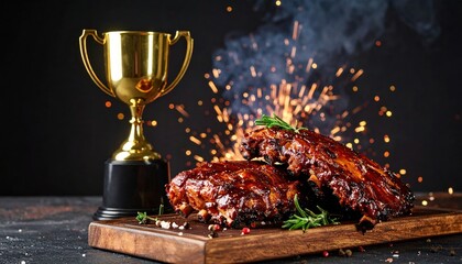 Grilled bbq ribs with rosemary and trophy on wooden board against sparkling background