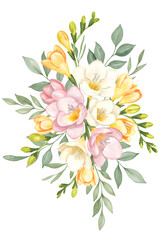 Floral arrangement of freesia flowers in white yellow and pink hues with green leaves on a black backdrop